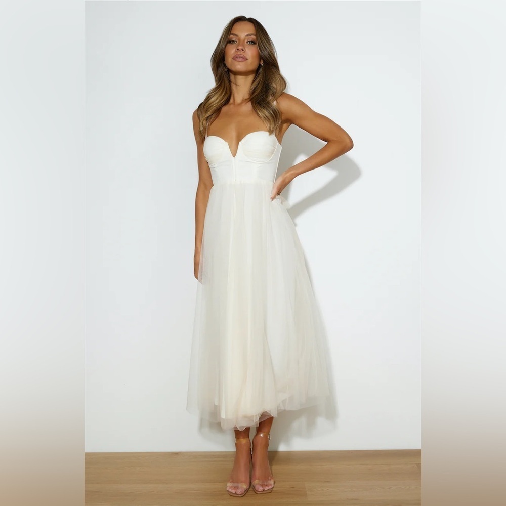 NWT Hello Molly Tulle Skirt Cream Midi Corset Bodice Tie Back Bridal Midi Dress - Picture 12 of 17
